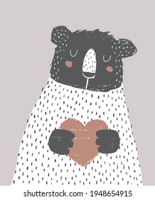 Cute Vector Illustration with Big Bear Holding Little Heart. Funny Black Bear on a White Background. Infantile Style Nursery Art with Romantic Bear Portrait ideal for Card, Wall Art, Poster.