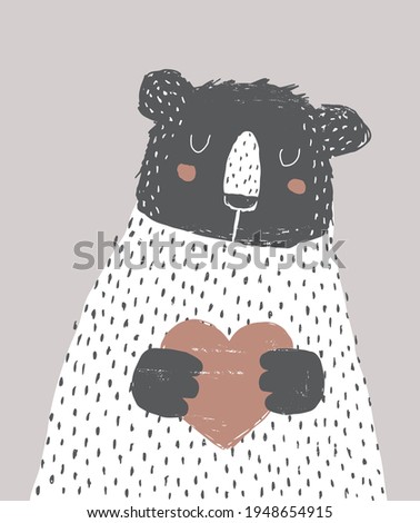 Cute Vector Illustration with Big Bear Holding Little Heart. Funny Black Bear on a White Background. Infantile Style Nursery Art with Romantic Bear Portrait ideal for Card, Wall Art, Poster.