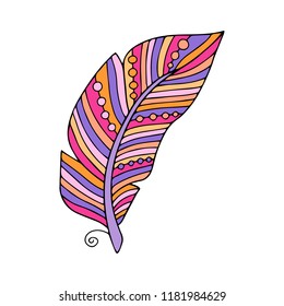 Cute vector illustration of the bird feather in pink colors. Hand drawn with outline.