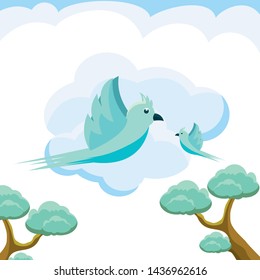 Cute vector illustration of birds flying in a clear sky. Birds flying flat design illustration