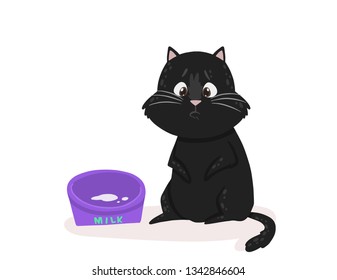Cute vector illustration with a black cat asks for milk. Kitten shows an emotion. Big-eyed beggar. Can be used for the sticker, patch, phone case, poster, t-shirt, mug. 