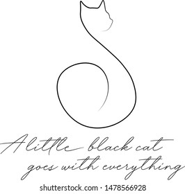 Cute vector illustration, black cat, line art, english text