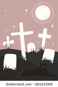 Cute vector illustration with black cat in a graveyard