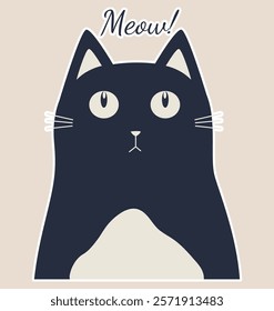 Cute vector illustration of black cat sticker. Black and white kitty character icon. Domestic animal