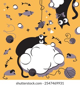 Cute vector Illustration. with black cats and kittens. Cartoon style