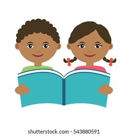 Cute vector illustration of black girl and boy reading book. Modern vector EPS 10 illustration of little girl and boy reading big book. Happy african kids reading book. Education for children.