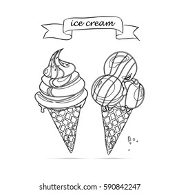 Cute vector illustration of black ice creams contour on white background. Black and white.