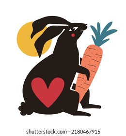 Cute vector illustration of black rabbit with carrot, heart and sun. Chinese New Year 2023 symbol, vegetarian concept art, healthy diet print design, farm eco lifestyle poster