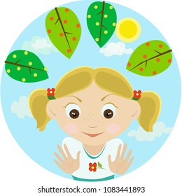 Cute vector illustration of blond hair funny girl looking away, posing against sunny day and green leaves. 