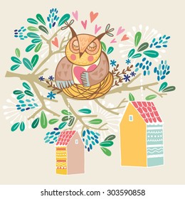 Cute vector illustration of blossom branch and sweet owl.