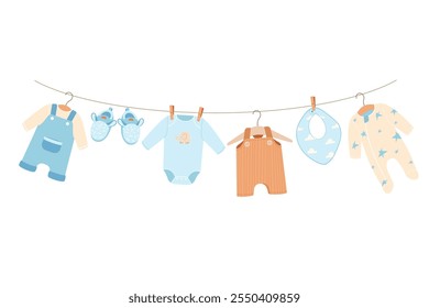 Linda Ilustración vectorial de ropa azul bebé niño colgando en las clavijas, perfecto para el tema de fiesta de baby shower. Ideal para invitaciones, decoraciones y tarjetas de felicitación. Diseño suave, encantador y juguetón