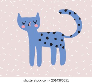 Cute Vector Illustration with Blue Dreamy Leopard Isolated on a Light Dusty Pink Background. Infantile Style Nursery Art with Funny Wild Cat ideal for Wall Art, Card, Poster, Kids Room Decoration.