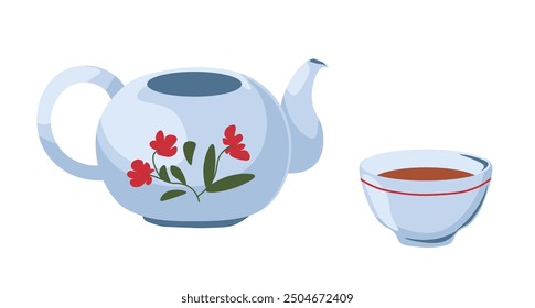 Cute vector illustration of a blue teapot with red flower decorations, isolated on white background. Ideal for kitchen, tea time designs, and home decor projects.