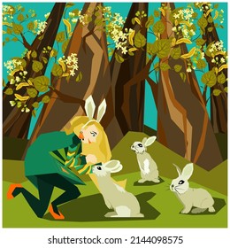 Cute vector illustration. Boho girl in a forest petting bunnies, rabbits