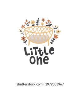 ilustración vectorial linda, cuna de bebé y flores estilo boho, letra de mano pequeño texto, imagen para duchas de bebé, cumpleaños de niños y decoración de sala de crianza