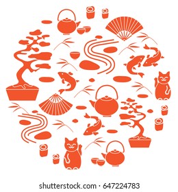 Cute vector illustration with bonsai tree, minimal rock garden, japanese lucky cat Maneki Neko, carp koi and other arranged in a circle. Travel and leisure. 