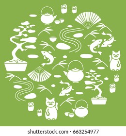 Cute vector illustration with bonsai tree, minimal rock garden, japanese lucky cat Maneki Neko, carp koi and other arranged in a circle. Travel and leisure. 
