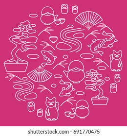 Cute vector illustration with bonsai tree, minimal rock garden, japanese lucky cat Maneki Neko, carp koi and other arranged in a circle. Travel and leisure. 
