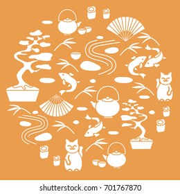 Cute vector illustration with bonsai tree, minimal rock garden, japanese lucky cat Maneki Neko, carp koi and other arranged in a circle. Travel and leisure. 