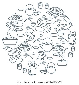 Cute vector illustration with bonsai tree, minimal rock garden, japanese lucky cat Maneki Neko, carp koi and other arranged in a circle. Travel and leisure. 