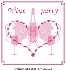 Cute vector illustration of bottle of wine, glasses, grapes and heart in frame. Wine business. Shop, bar, restaurant, wine cellar, tasting, list or event.
