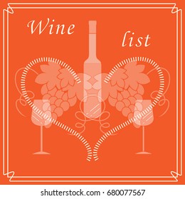 Cute vector illustration of bottle of wine, glasses, grapes and heart in frame. Wine business. Shop, bar, restaurant, wine cellar, tasting, list or event.