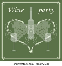 Cute vector illustration of bottle of wine, glasses, grapes and heart in frame. Wine business. Shop, bar, restaurant, wine cellar, tasting, list or event.