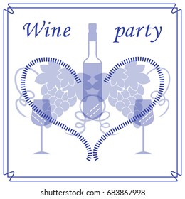 Cute vector illustration of bottle of wine, glasses, grapes and heart in frame. Wine business. Shop, bar, restaurant, wine cellar, tasting, list or event.