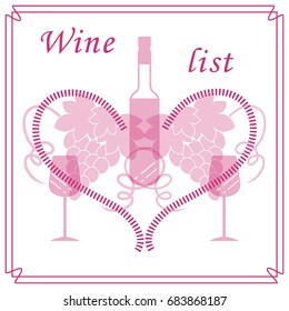 Cute vector illustration of bottle of wine, glasses, grapes and heart in frame. Wine business. Shop, bar, restaurant, wine cellar, tasting, list or event.