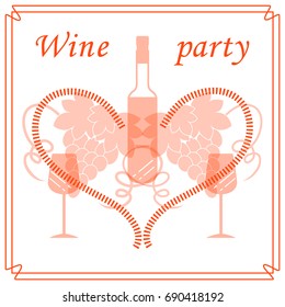 Cute vector illustration of bottle of wine, glasses, grapes and heart in frame. Wine business. Shop, bar, restaurant, wine cellar, tasting, list or event.