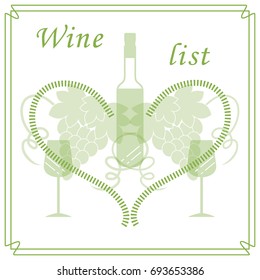 Cute vector illustration of bottle of wine, glasses, grapes and heart in frame. Wine business. Shop, bar, restaurant, wine cellar, tasting, list or event.
