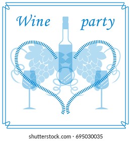 Cute vector illustration of bottle of wine, glasses, grapes and heart in frame. Wine business. Shop, bar, restaurant, wine cellar, tasting, list or event.