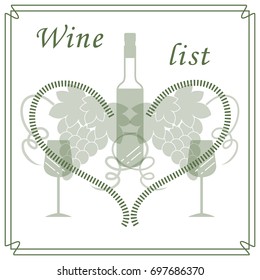 Cute vector illustration of bottle of wine, glasses, grapes and heart in frame. Wine business. Shop, bar, restaurant, wine cellar, tasting, list or event.