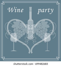 Cute vector illustration of bottle of wine, glasses, grapes and heart in frame. Wine business. Shop, bar, restaurant, wine cellar, tasting, list or event.