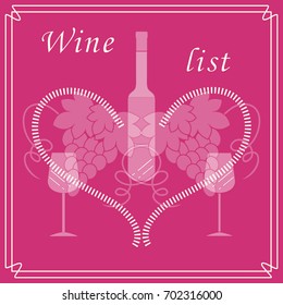 Cute vector illustration of bottle of wine, glasses, grapes and heart in frame. Wine business. Shop, bar, restaurant, wine cellar, tasting, list or event.