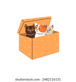 Cute vector illustration of a box cat. Playful kittens nestled comfortably in a cardboard gift box. Flat cartoon design perfect for pet themed creations. Isolated on the background.