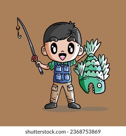 Cute Vector Illustration of Boy catch big Fish while fishing. Cute Vector illustration of a Fisherman. Fisherman Vector Illustration. Big Fish Strike Illustration.
