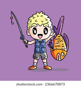 Cute Vector Illustration of Boy Fishing. Cute Vector illustration of a Fisherman. Fisherman Vector Illustration. Fishing Illustration.