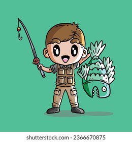 Cute Vector Illustration of Boy Fishing. Cute Vector illustration of a Fisherman. Fisherman Vector Illustration. Big Fish Strike Illustration.