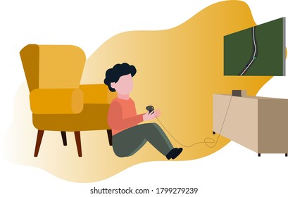Cute vector illustration. A boy plays a game console. The boy is sitting on the floor leaning on a chair and playing a game on the TV