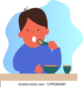 Cute vector illustration. The boy is sitting at the table and eating soup from a plate. The child eats and pulls the spoon into his mouth. Illustration in a flat style