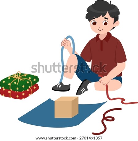 Cute vector illustration of a boy wrapping a Christmas gift box with colorful ribbons and wrapping paper.