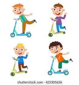 Cute vector illustration of boys on scooter having fun outside. Happy kids riding kick scooters outdoors. Summer break, boys having free time playing isolated on white background. Happy children.