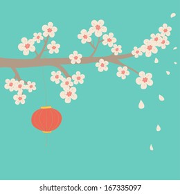 Cute vector illustration. Branch with white flowers and chinese lantern. Can be used for celebration postcard, wedding invitation, scrapbooking.