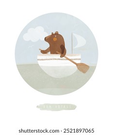 Cute Vector Illustration with Brown Bear Floating In A Small Boat On The Sea. Hand Drawn Nursery Art with Happy Teddy Bear Rowing Among Small Sea Waves. Funny Marine Print in a Round Frame. RGB.