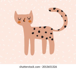Cute Vector Illustration with Brown Dreamy Leopard Isolated on a Light Blush Pink Background. Infantile Style Nursery Art with Funny Wild Cat ideal for Wall Art, Card, Poster, Kids Room Decoration.