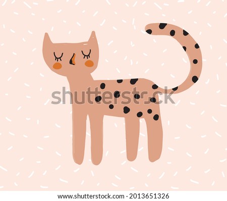 Cute Vector Illustration with Brown Dreamy Leopard Isolated on a Light Blush Pink Background. Infantile Style Nursery Art with Funny Wild Cat ideal for Wall Art, Card, Poster, Kids Room Decoration.