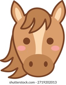 Cute vector illustration of a brown horse head with a friendly expression and pink cheeks. Stylized Chinese zodiac animal icon in a flat, cartoon style, isolated on a plain background.