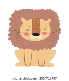 Cute Vector Illustration with Brown Speeping Leon Isolated on a White Background. Infantile Style Nursery Art with Funny Wild Cat ideal for Wall Art, Card, Poster, Kids Room Decoration.