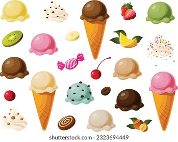 Cute vector illustration of build your own ice cream with scoops, cones, whipped cream and toppings.